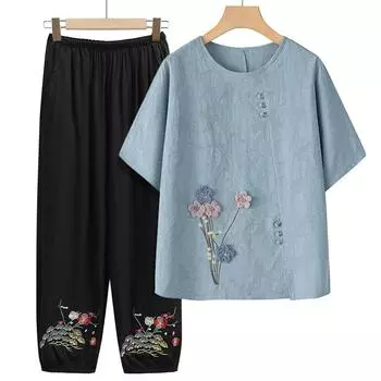 Весенняя и летняя одежда для среднего и пожилого возраста, повседневный тонкий костюм с короткими рукавами и семью брюками, костюм из двух предметов XXXXXL