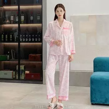 Весенняя и летняя тонкая домашняя одежда, женский костюм из ледяного шелка с длинными рукавами, пижамы в европейском и американском стиле на весну и осень M розовый
