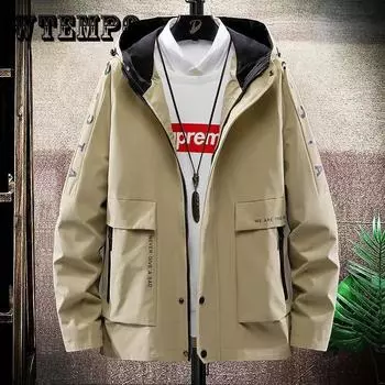 Весенняя и осенняя бутиковая куртка для мужчин с капюшоном, модный повседневный топ, свободная и удобная ветровка, стандартная XXXXXL хаки