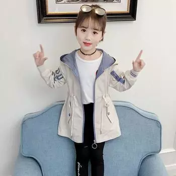 Весенняя и осенняя детская одежда. Куртки для девочек, корейская версия детской ветровки средней длины в западном стиле, большие детские топы. 160 бежевый