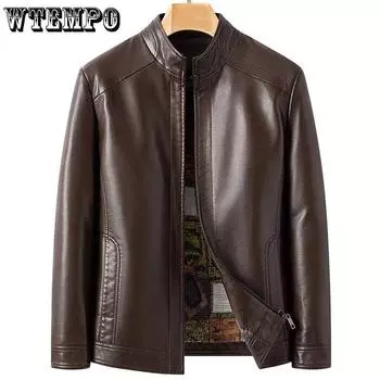 Весенняя и осенняя кожаная куртка мужская среднего и пожилого возраста с утолщенным воротником повседневная кожаная куртка пальто больших размеров M