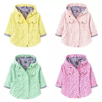 Весенняя и осенняя куртка для девочек, модная ветровка с цветочным принтом, детская приталенная куртка с капюшоном средней длины, куртка 100cm