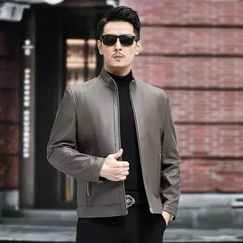 Весенняя и осенняя куртка из натуральной кожи, мужская куртка из овчины с воротником-стойкой, кожаная куртка, деловая мужская куртка M