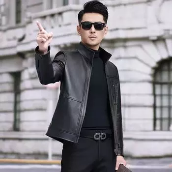 Весенняя и осенняя куртка из натуральной кожи, верхний слой, куртка из коровьей кожи, воротник-стойка, повседневная мужская короткая деловая куртка из байкерской кожи L