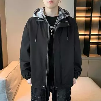 Весенняя и осенняя куртка мужская свободная повседневная куртка с капюшоном поддельная двухпарная свободная трендовая верхняя мужская M