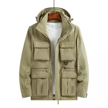 Весенняя и осенняя куртка с капюшоном и открытыми рукавами, многокарманная куртка для инструментов, повседневная куртка для мужчин S чёрный