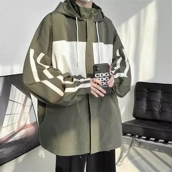 Весенняя и осенняя куртка с капюшоном, мужская весенняя куртка для подростков, универсальная, новая весенняя мужская модная верхняя часть в стиле колор-блок M чёрный
