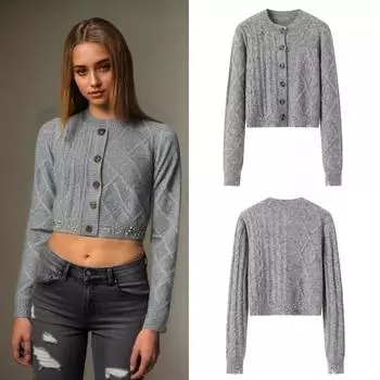 Весенняя и осенняя мода для женщин с бриллиантами и пуговицами из водной ромбовидной пряжи, вязаный кардиган-свитер S темно серый