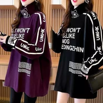 Весенняя и осенняя мода Y2K Street Casual Женская одежда с буквенным принтом Тренд Полуводолазка Футболка Топы Длинные рукава Универсальные свободные пуловеры XXL чёрный