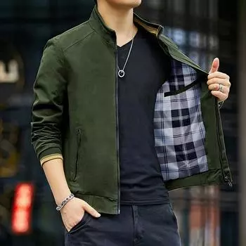 Весенняя и осенняя мужская куртка из чистого хлопка с воротником-стойкой, куртка для людей среднего и пожилого возраста, мужская повседневная куртка M хаки