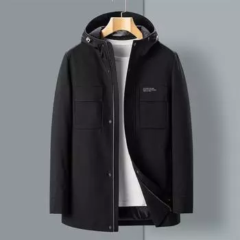 Весенняя и осенняя мужская куртка средней и длинной длины с капюшоном, деловая повседневная куртка для мужчин среднего и молодого возраста M чёрный