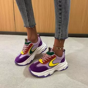 Весенняя и осенняя обувь Большие размеры Удобные кроссовки Повседневная обувь на толстой подошве со шнуровкой Женская обувь 35 фиолетовый