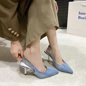 Весенняя и осенняя обувь Большие размеры На высоком каблуке с острым носком и небольшим горлом Тонкие туфли Женская обувь 35 чёрный