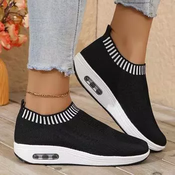 Весенняя и осенняя обувь Большие размеры Небольшая горловина Летающие плетеные туфли с круглым носком и толстой подошвой Повседневные одинарные туфли Женская обувь 36 чёрный