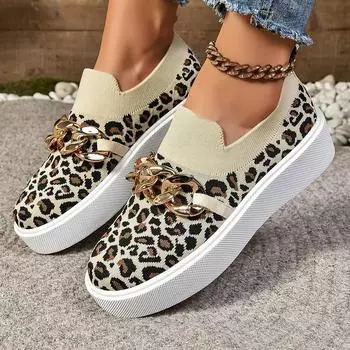 Весенняя и осенняя обувь больших размеров, подходящая по цвету, с круглым носком и толстой подошвой, летящая плетеная повседневная обувь, женская обувь 36 цветной печати леопарда