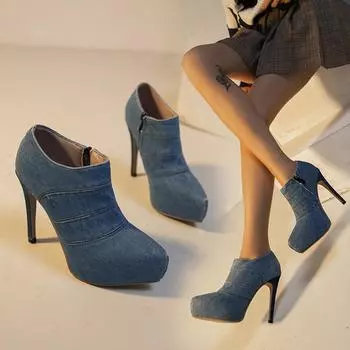 Весенняя и осенняя обувь на шпильках с высоким каблуком, большие размеры, с круглым носком, с боковой молнией, сращивание, одинарные туфли, женская обувь 35 синий