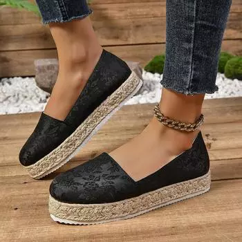 Весенняя и осенняя обувь. Женская обувь больших размеров с плоским дном, цветами и толстой подошвой. 35 чёрный