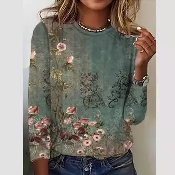 Весенняя и осенняя одежда Женская толстовка Футболка 2024 Новый 3D Полный цветочный принт Повседневные топы с длинным рукавом О-образным вырезом Свободная женская футболка S