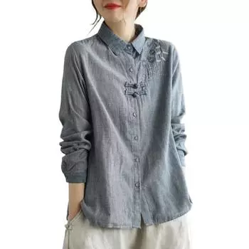 Весенняя клетчатая хлопковая льняная рубашка в стиле ретро, клетчатый топ, женская винтажная блузка на пуговицах в китайском стиле с вышивкой M серый