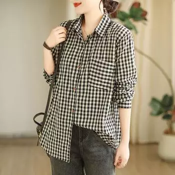 Весенняя клетчатая повседневная рубашка с длинными рукавами, удобная повседневная рубашка для женщин M