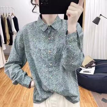 Весенняя корейская свободная рубашка с золотым воротником из чистого хлопка с цветочным рисунком и длинными рукавами, женские топы, блузки, рубашки M ваниль