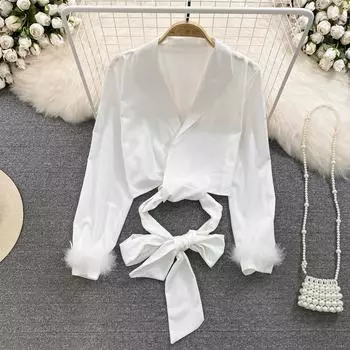 Весенняя корейская версия галстука-бабочки, свободные топы с длинными рукавами и высокой талией, короткие топы