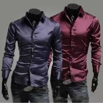 Весенняя корейская версия шелковая блестящая повседневная мужская однотонная приталенная рубашка с длинными рукавами M чёрный