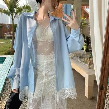 Весенняя кружевная женская блузка рубашка осень harajuku однотонный поло воротник длинный рукав хлопок офис леди повседневные свободные рубашки S