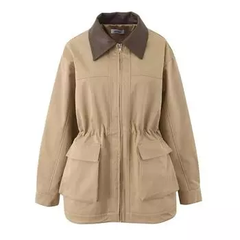 Весенняя куртка-ветровка с лацканами, свободного кроя по талии, с накладными карманами, женская, средней длины, функциональная куртка-ветровка L хаки