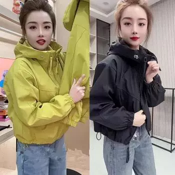 Весенняя куртка, женская модная куртка на молнии, свободная, повседневная, с капюшоном, короткая, универсальная куртка, топ XXXXXL чёрный