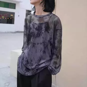 Весенняя легкая футболка с длинными рукавами и принтом тай-дай, тонкий повседневный удобный женский топ One size серый