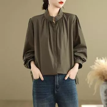 Весенняя литература свободная однотонная рубашка с воротником-стойкой и рукавами-фонариками с длинными рукавами женская рубашка верх блузки и рубашки M темно-зеленого
