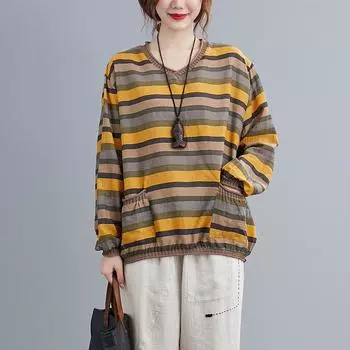 Весенняя литературная и художественная футболка из хлопка и льна в полоску контрастного цвета, свободный и легко сочетающийся трикотажный топ с V-образным вырезом и длинными рукавами One Size жёлтый