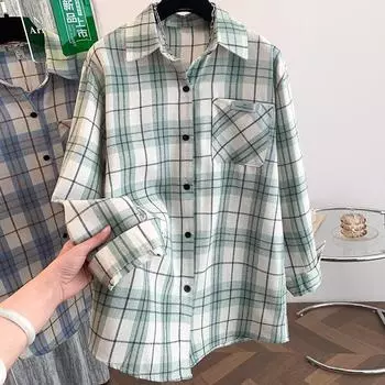 Весенняя литературная свободная рубашка с длинными рукавами и лацканами в клетку, женская рубашка-топ S зелёный