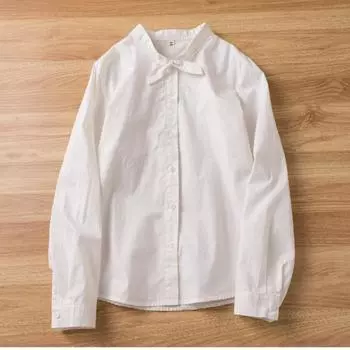 Весенняя маленькая свежая рубашка с кроличьими ушками, однотонная, с длинным рукавом, воротник-стойка, женская, свободная, универсальная, топ, блузки и рубашки S белый