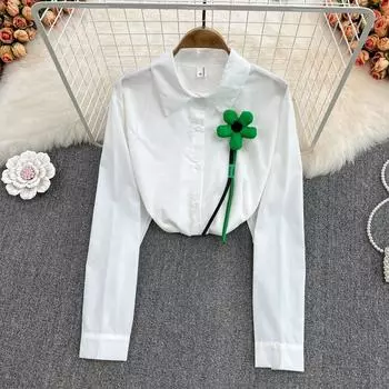 Весенняя мода 2022, белая рубашка с длинными рукавами, женское корейское дизайнерское пальто средней длины с трехмерным цветком и чувством меньшинства