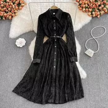 Весенняя мода 2022, легкое шифоновое платье с лацканами и повязкой на талии, демонстрирующее тонкое платье феи длиной выше колена M чёрный