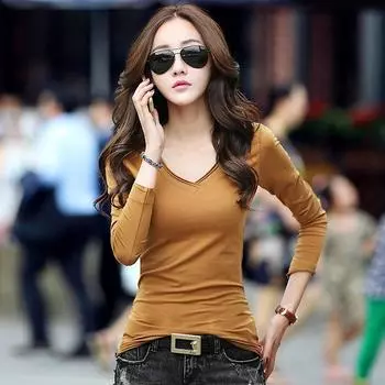 Весенняя мода 2024, топы с v-образным вырезом, рубашки с длинными рукавами, футболки для женщин, утягивающие футболки большого размера в корейском стиле S чёрный