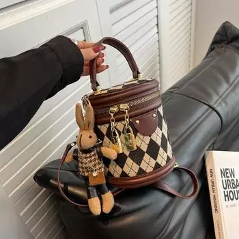 Весенняя мода 2025 года: Женская текстурированная сумка-ведро с ромбовидным узором No Pendant кофейный