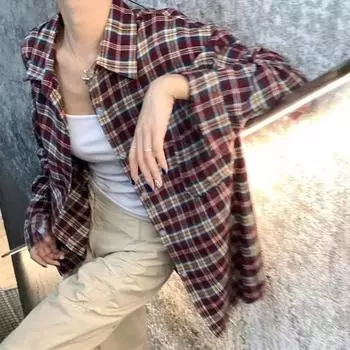 Весенняя мода, элегантные свободные клетчатые женские рубашки, новые поло с воротником на пуговицах, тонкие повседневные блузки, женские простые солнцезащитные офисные женские рубашки 26119 One size красный