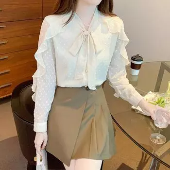 Весенняя мода французские женские повседневные рубашки с длинными рукавами и оборками, блузка с бантом в горошек S