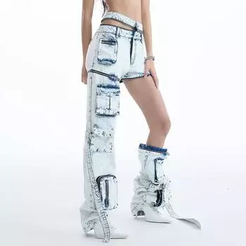 Весенняя мода личность полый дизайн чувство деконструкции карман украшения джинсовые брюки два носить комбинезон S синий