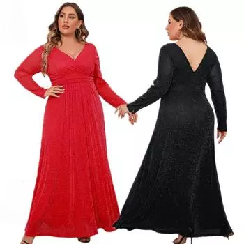 Весенняя мода: Платье из сетки больших размеров с длинными рукавами и V-образным вырезом XL красный