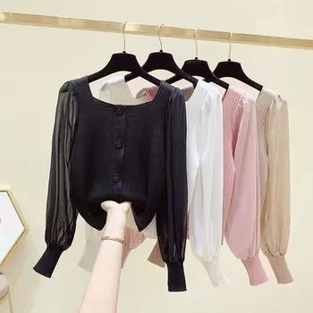 Весенняя мода Розовая блузка с пузырьковыми рукавами Женская рубашка с квадратным вырезом и длинным рукавом M белый