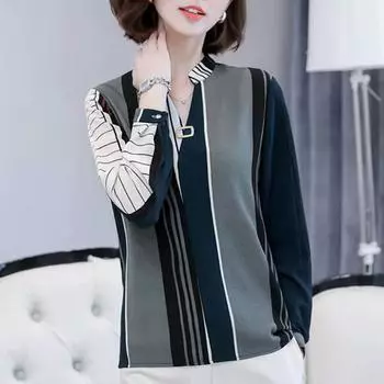 Весенняя мода с длинным рукавом женские блузки элегантный принт полосатый V-образный вырез повседневные рубашки для женщин мода тонкие узкие офисные женские рубашки топы 875B M темно-зеленого