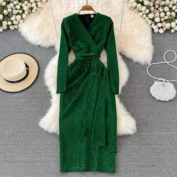 Весенняя мода, темперамент знаменитостей, сексуальное блестящее шелковое платье с длинными рукавами, тонкое темпераментное платье с закрытой талией и v-образным вырезом на бедрах, платье