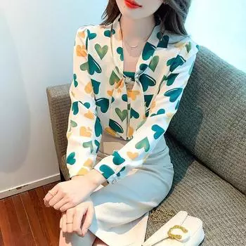 Весенняя мода зеленая шифоновая рубашка с принтом и блузка с длинным рукавом женские классические рубашки с бантом M зелёный
