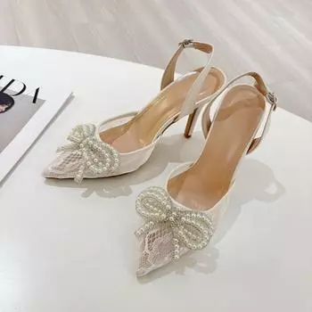 Весенняя мода женские туфли на высоком каблуке с острым носком кружевные босоножки со стразами и жемчужным бантом на высоком каблуке женские туфли для вечеринки и свадьбы 35