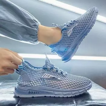 Весенняя модная мужская обувь большого размера, дышащая синяя мягкая повседневная обувь с сеткой, мужская летняя стильная модная спортивная обувь черного цвета 44 чёрный