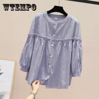 Весенняя модная повседневная полосатая рубашка с воротником-стойкой, женская универсальная кружевная рубашка с девятым рукавом XXXL белый